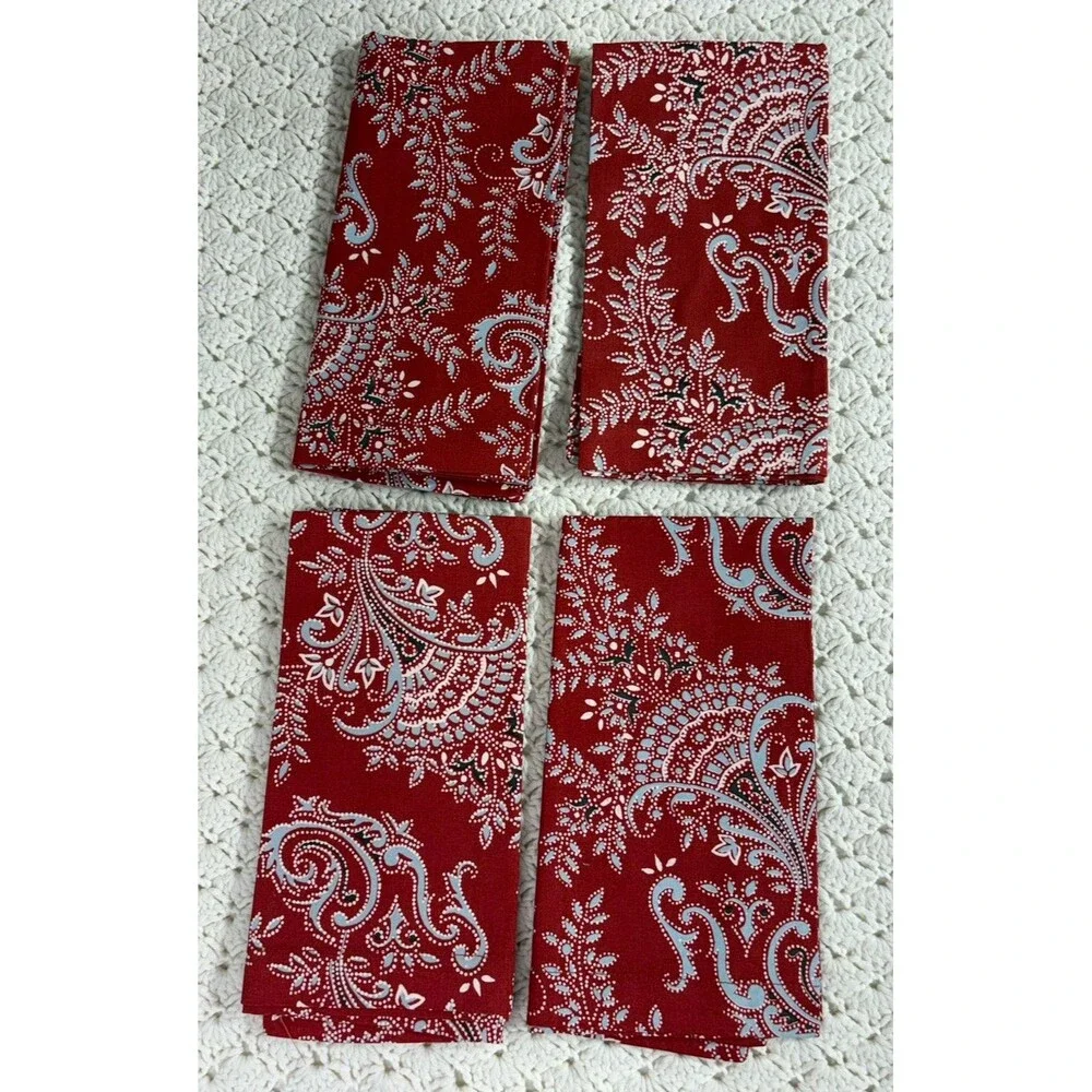 Pottery Barn Paisley Cotton Napkin Set of 4 Red Gray Paisley 20x20 Cottage NWOT